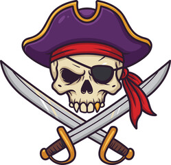 Pirate skull cad drawing flat vector illustration, cartoon skull in eyepatch with crossed swords