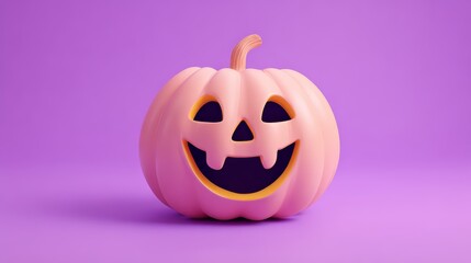 Whimsical pink pumpkin with a cheerful face against a vibrant purple background.