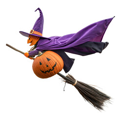 Halloween witch riding broomstick with pumpkin head and purple cloak, flying in spooky night sky