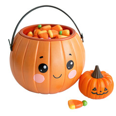 Cute kawaii pumpkin candy bucket with smiling face and Halloween sweets, isolated on transparent background