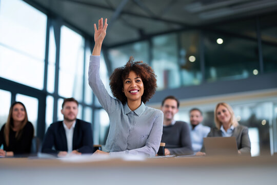 Successful business professionals working together in a corporate office meeting with a smiling businesswoman