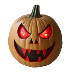 Scary Halloween pumpkin with vampire fangs and glowing red eyes, spooky carved face, isolated on black