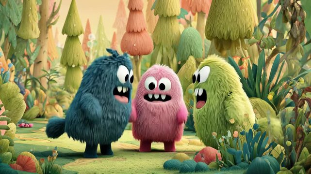 Three cute children's cartoon monsters jump happily in a forest. The scene is cheerful and playful, with the monsters smiling.