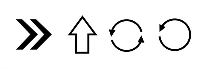 Arrow icons including double forward, upward and circular refresh symbols. Navigation, interface and direction elements for UI, UX, web and app design.