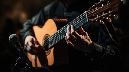Obraz premium The Skilled Musician Playing Acoustic Guitar with Passion and Precision