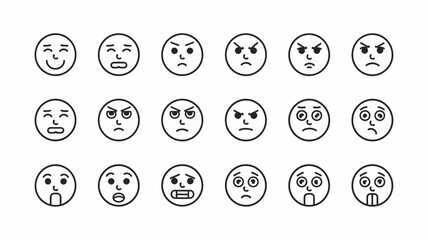 Emojis illustrating Diverse Emotions: A collection of simple line drawing emojis, each depicting a different state of mind. from joy to anger, confusion to surprise. A versatile graphic element.