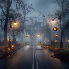 Spooky halloween night with jack o lanterns lining a foggy road to a haunted house