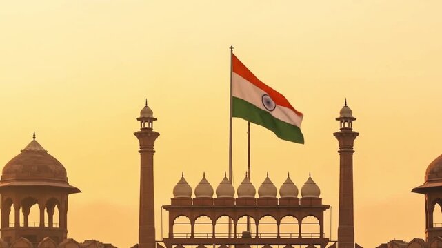 Indian National Flag Flying High at Red Fort, Delhi