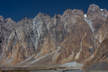 The autumn scenery with Tupopdan, Passu Cathedral or Passu Cones, is a mountain in northern Pakistan