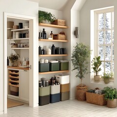 Earth tone bins on white shelves high resolution picture