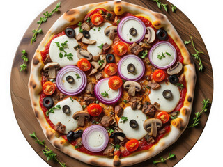 Deliciously prepared gourmet pizza topped with fresh mozzarella red onion rings cherry tomatoes mushrooms and olives on a wooden board
