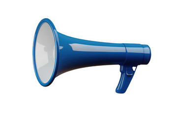 A bright blue megaphone with a white interior and silver accents is isolated against a stark black background emphasizing its form and function