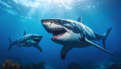 Fototapeta premium Two great white sharks in ocean depths