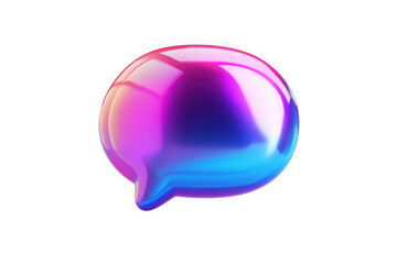 Vibrant 3d glossy speech bubble icon reflecting neon pink and blue gradients on a black background symbolizing communication and digital messaging
