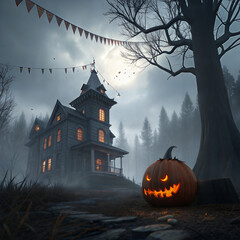 Halloween background with pumpkins and haunted house city - 3D render. Halloween background with evil pumpkins. Spooky scary dark night forest. Holiday event Halloween banner background idea