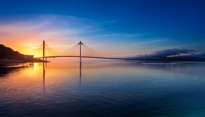 Obraz premium a vibrant suspension bridge at sunrise over calm water