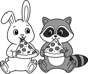 Cute cartoon bunny and raccoon enjoying slices of pizza together