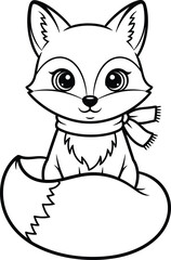 Fototapeta premium A cute cartoon fox wearing a winter scarf, a black and white vector illustration for coloring