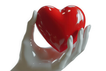 A delicate porcelain hand gently cradles a glossy vibrant red heart against a stark black background symbolizing love and care