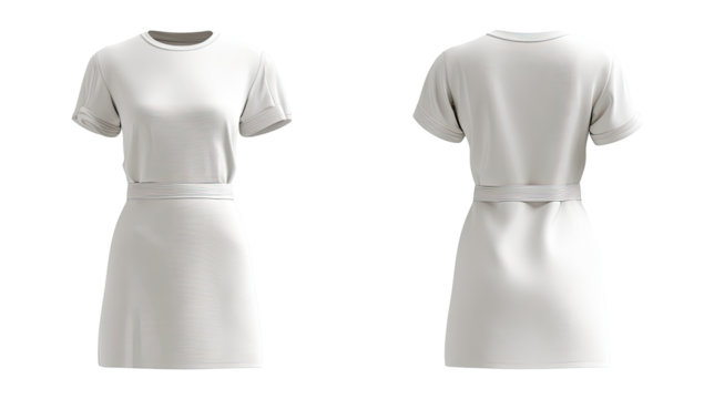 Front and back view of a plain white women's mini dress.  Short sleeves, crew neckline, and a cinched waist.  Simple design