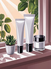 Fototapeta premium Skincare products and succulent plant on windowsill with sunbeams