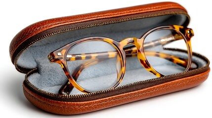 Glasses case with tortoiseshell glasses inside.