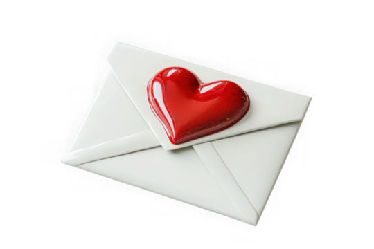 A solitary white envelope sealed with a glossy red heart shaped wax stamp on a stark black background symbolizing love and communication