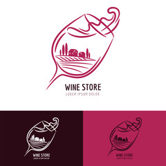 Wine glass with landscape, vineyard fields and splash. Vector logo sign design. Winery shop label design element