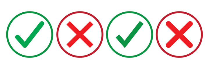 Check mark icon button set. Check box icon with right and wrong buttons and yes or no checkmark icons in green tick box and red cross.