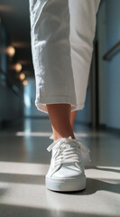 Minimalistic close-up of a woman’s feet wearing white sneakers and pants walking in a bright hallway with natural light and shadows