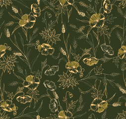 Floral Flourish Hand-Drawn Botanical Illustration on a Deep Green Backdrop