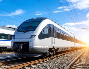 Naklejka premium Modern high-speed train on sunny tracks