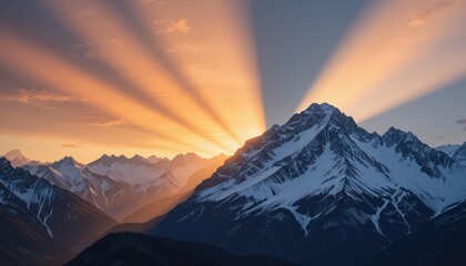 Sun rays piercing through the mountain peaks during sunset creating a scenic landscape view