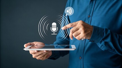 Using Voice Input: Person Interacting with Microphone Icon on Tablet for Audio Technology and Communication.
