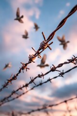 Rusty Barbed Wire Fence and Birds Freedom.