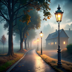 Misty autumn evening path lined with glowing gas lamps and a quaint house