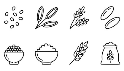 Grain icons depicting seeds stalks bowls and sack vector