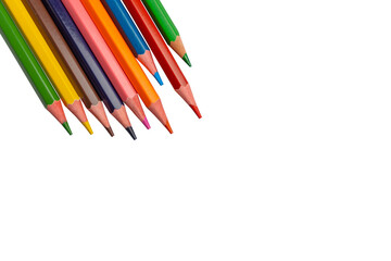 Colored pencils arranged diagonally in a neat row isolated on transparent background ideal for art education and design with copy space for text. 