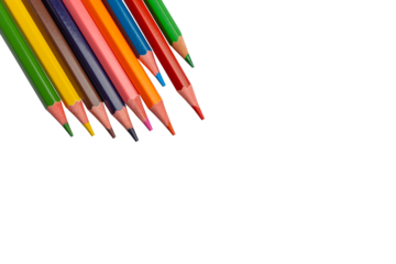 Colored pencils arranged diagonally in a neat row isolated on transparent background ideal for art education and design with copy space for text. 