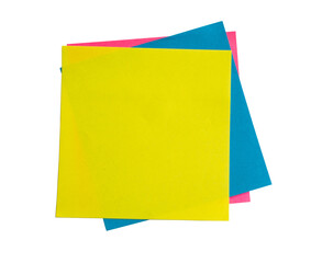 Stack of colorful sticky notes in yellow blue and pink isolated on transparent background for office and school use. 