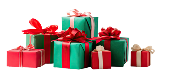 Stacked gift boxes with red and green wrapping and bows