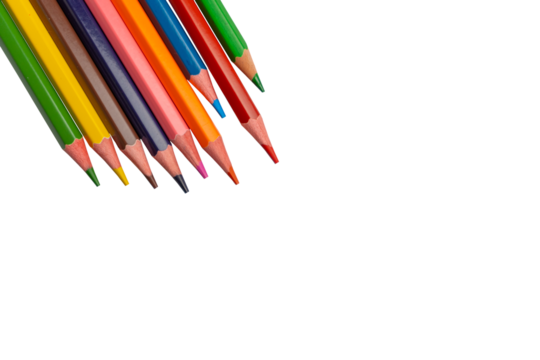 Colored pencils arranged diagonally in a neat row isolated on transparent background ideal for art education and design with copy space for text.