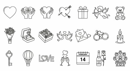 Romantic and Valentine Line Icon Set – Heart, Cupid, Love Gift, Engagement Ring, Chocolate and Bouquet Vector Illustration

