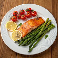 Delicious pan seared salmon with asparagus and cherry tomatoes