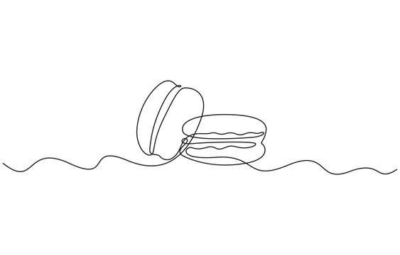 Continuous one line design of macaron cookie, Restaurant food menu design concept. Hand drawn macarons minimal design art, confectionery concept. Pro Vector.