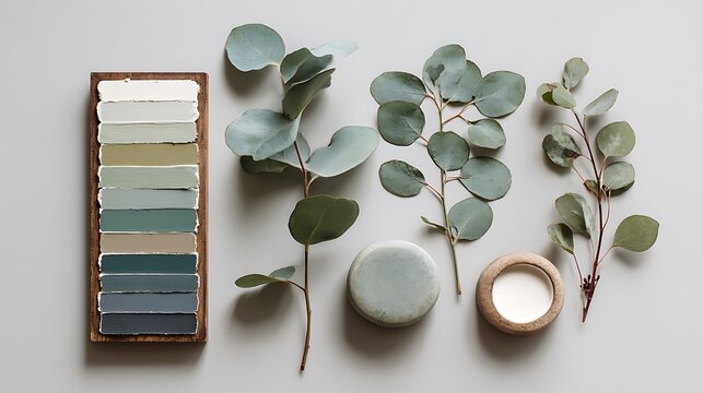 Natural color palette swatches with eucalyptus branches and candle for organic design inspiration
