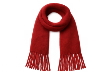 Red winter scarf with fringes isolated on transparent background, perfect for staying warm during cold weather
