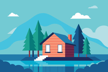 Illustration of a wooden cabin on a small island with pine trees and mountains.
