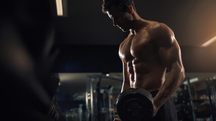 The muscular athlete lifting a dumbbell in a dramatic gym environment