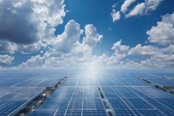 Solar Panel Field Under Blue Sky.